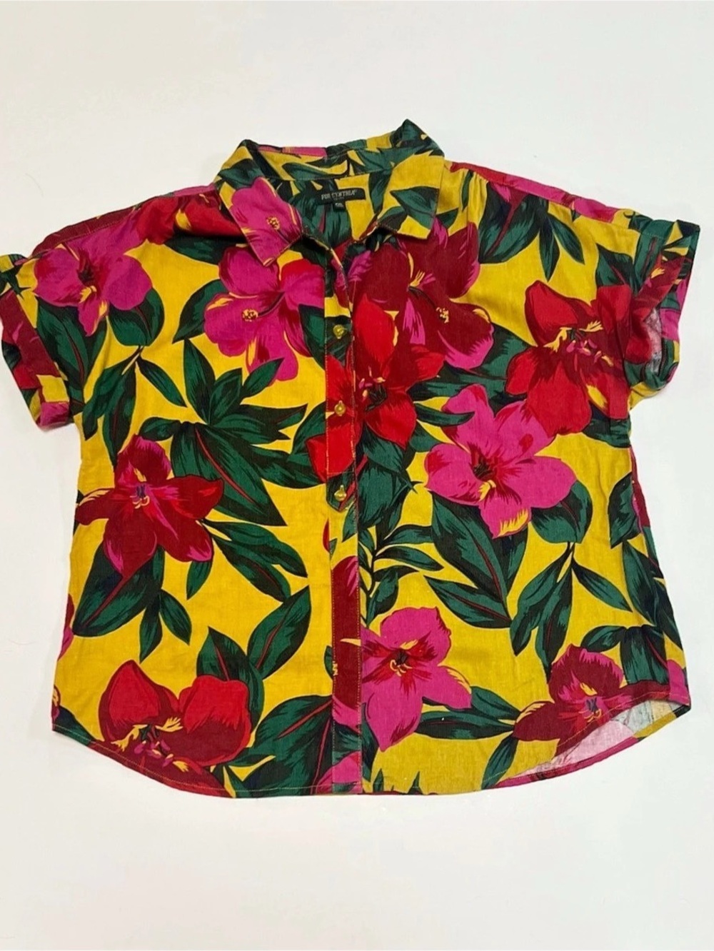 For Cynthia Floral Button Down Shirt Yellow & Pink Boys XL